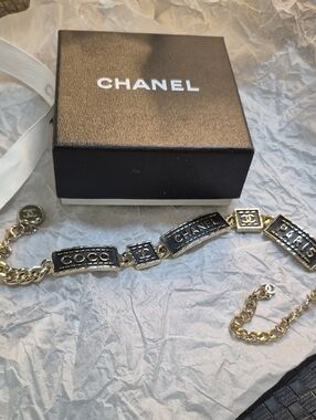 CHANEL Gold and Black Coco Logo Link Necklace